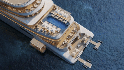 a large white boat with a pool on the water