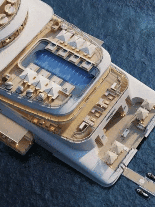 a large white boat with a pool on the water