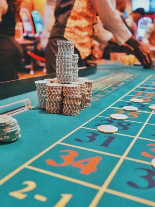 a casino table with stacks of chips