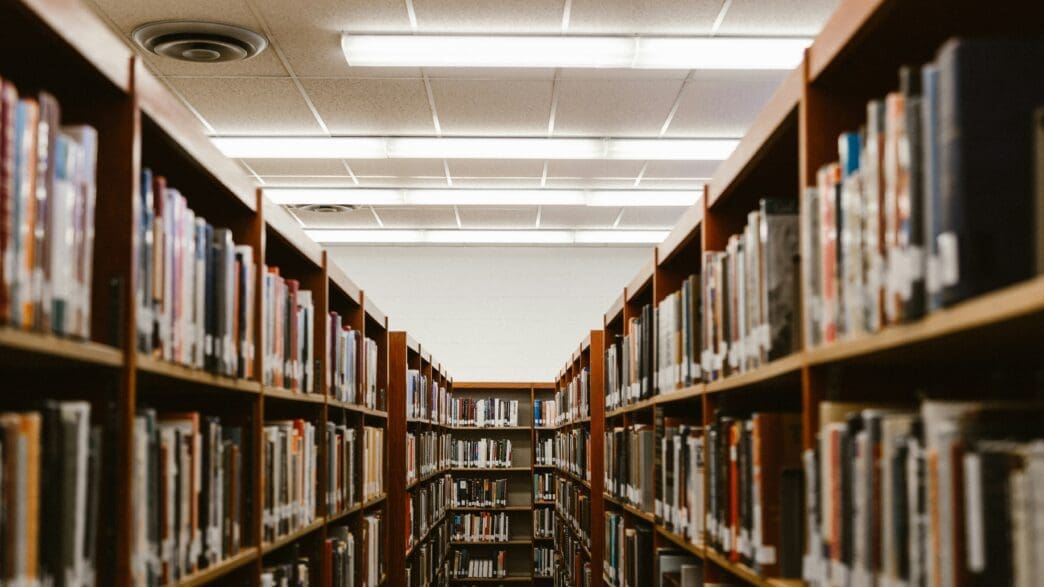 a row of books on shelves