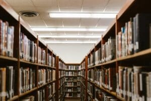 a row of books on shelves