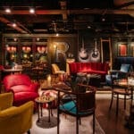 a room with chairs and tables