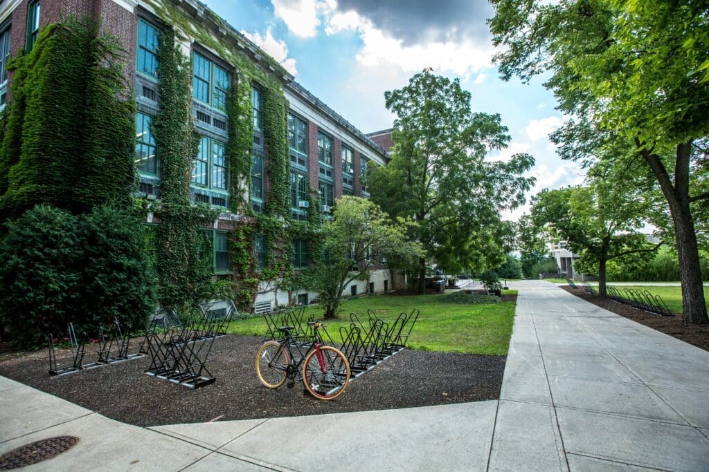 a bicycle parked in front of a building