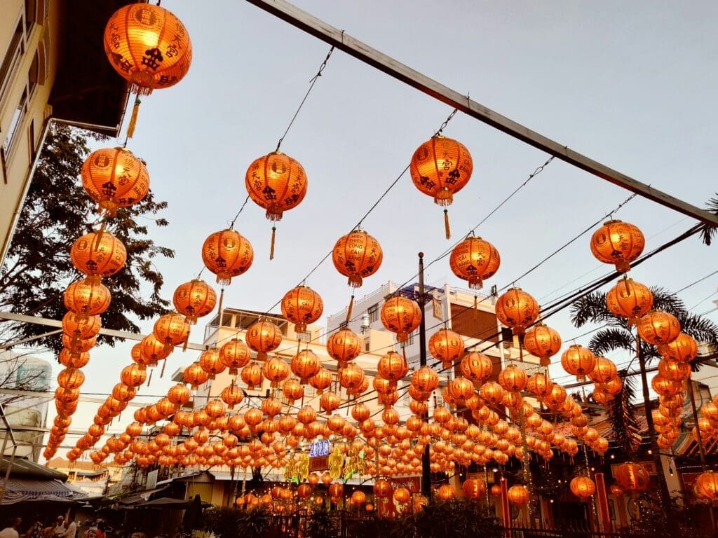 a group of lanterns from a wire