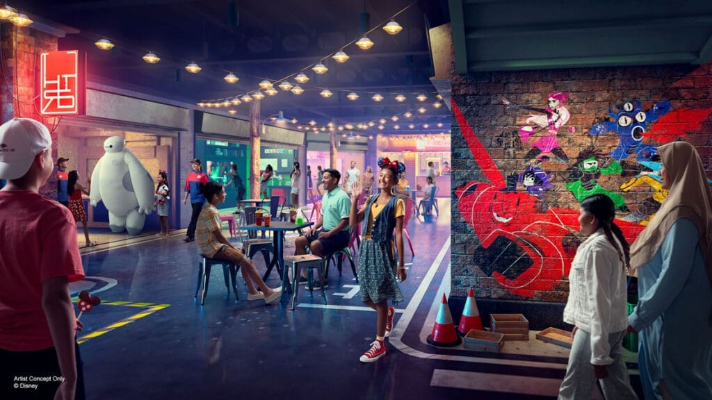 a group of people in a room with a brick wall and a brick wall with lights