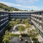 a building with trees around it
