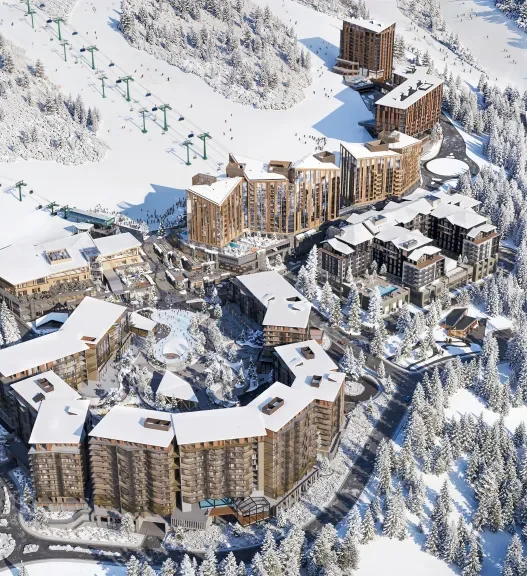 a group of buildings with snow on the ground