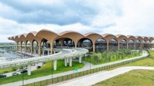 a large building with curved roof