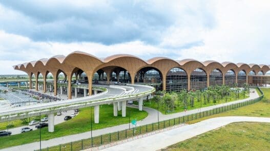 a large building with curved roof