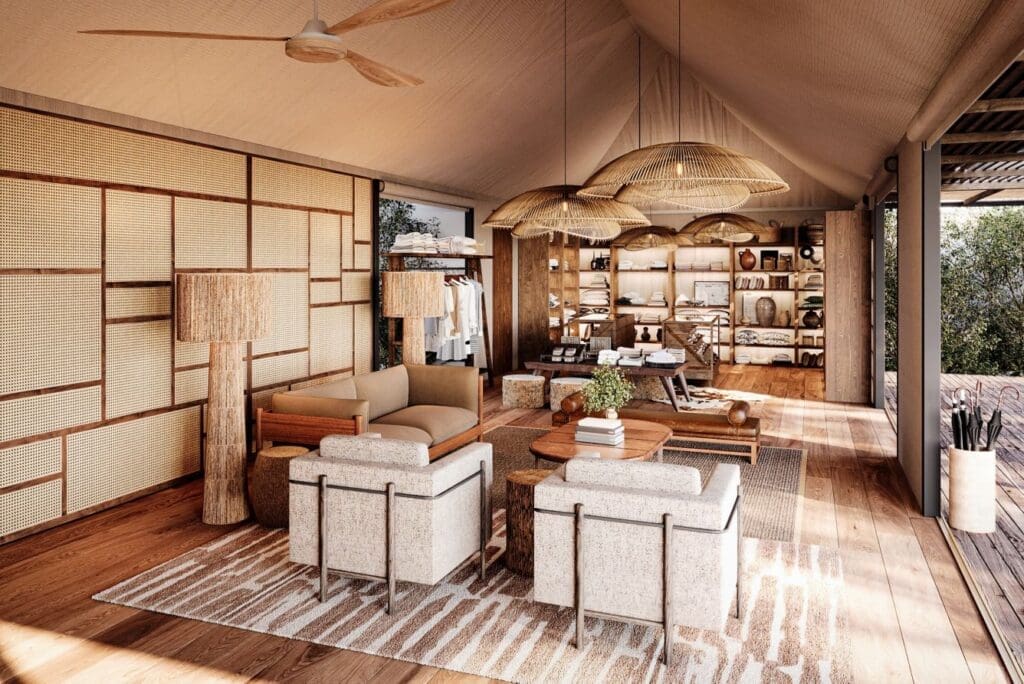 a room with a large ceiling fan and furniture