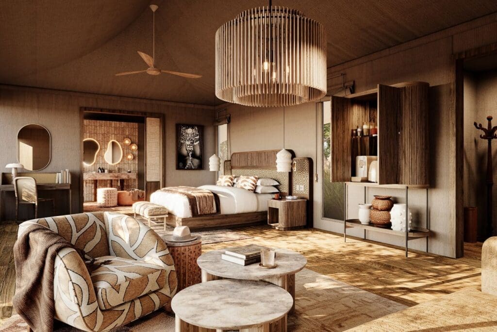 a room with a bed and a bed and a chandelier