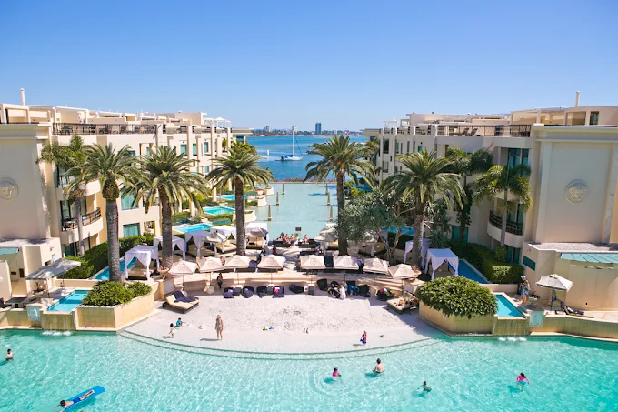 a pool with palm trees and people in it