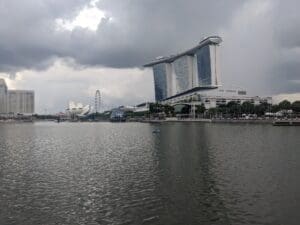 a body of water with buildings and trees