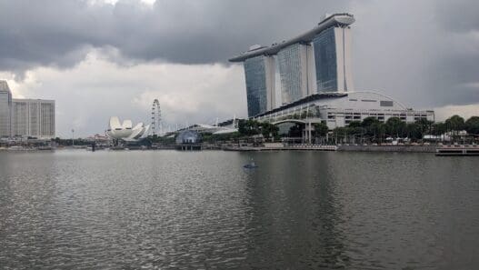 a body of water with buildings and trees
