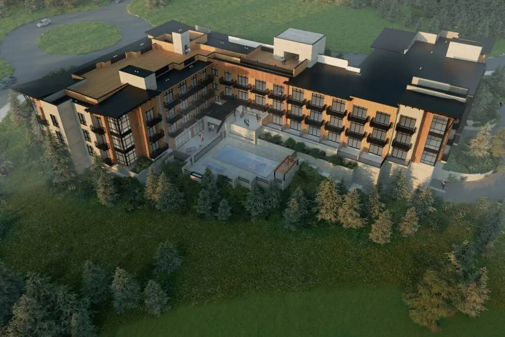 a building with a pool in the middle of it