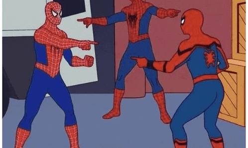 a group of people in clothing pointing at each other