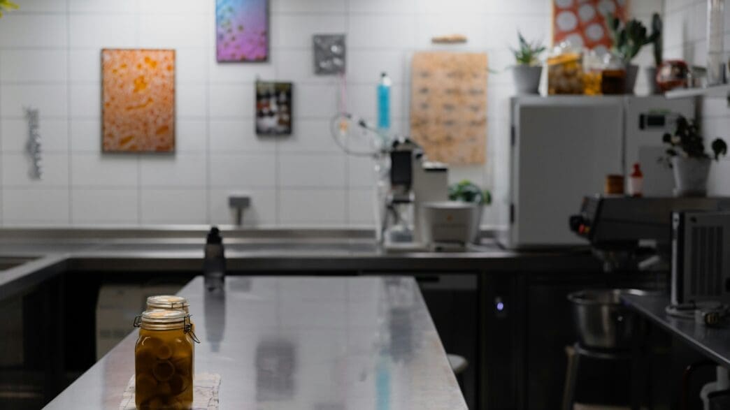 a jar of pickles on a counter
