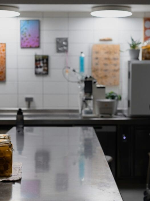a jar of pickles on a counter